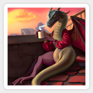 Red Dragon Drinking Coffee Sticker